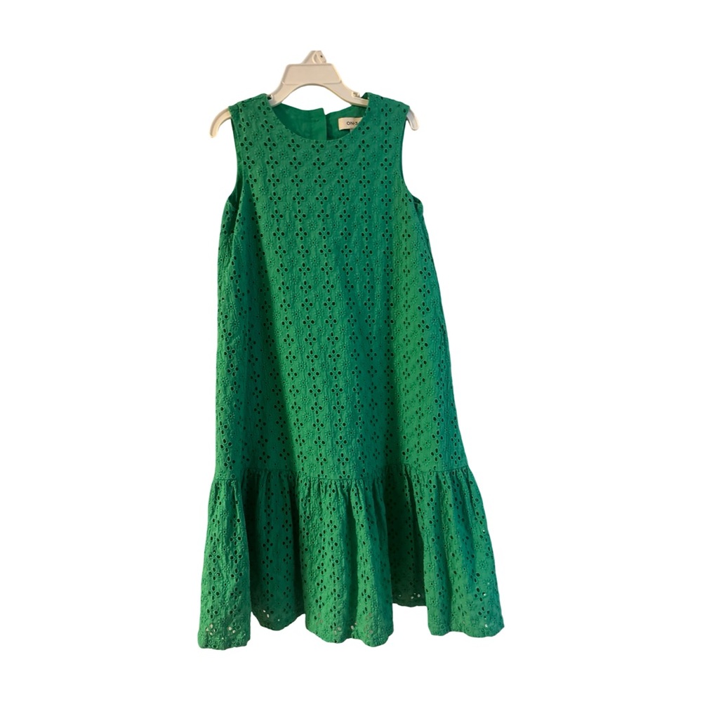 Girls Green Eyelet Sleeveless Cottagecore Lined Classy Dress 💯% Cotton Small 7-8